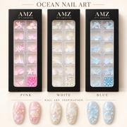 AMZ ocean nail charms in Pink, White and Blue. Nail designs are illustrative examples.