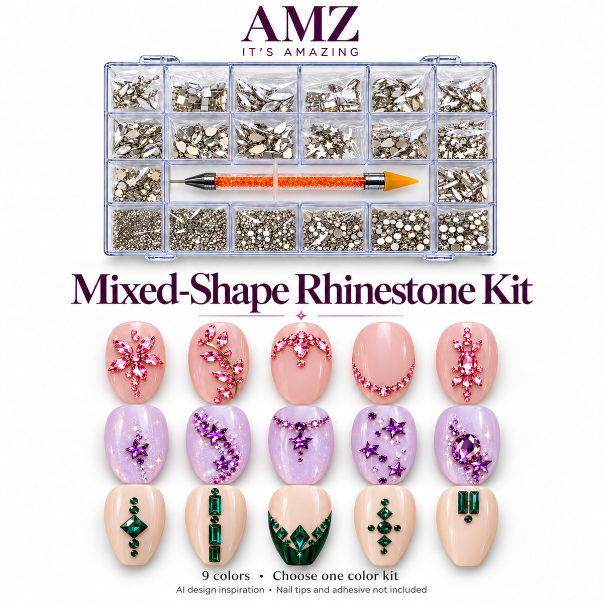 AMZ It's Amazing rhinestone kit with AI nail art inspiration