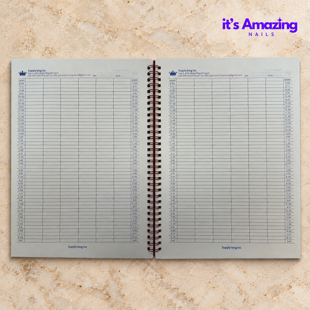 Retouched appointment book interior on beige stone; some small printed details differ from the original.