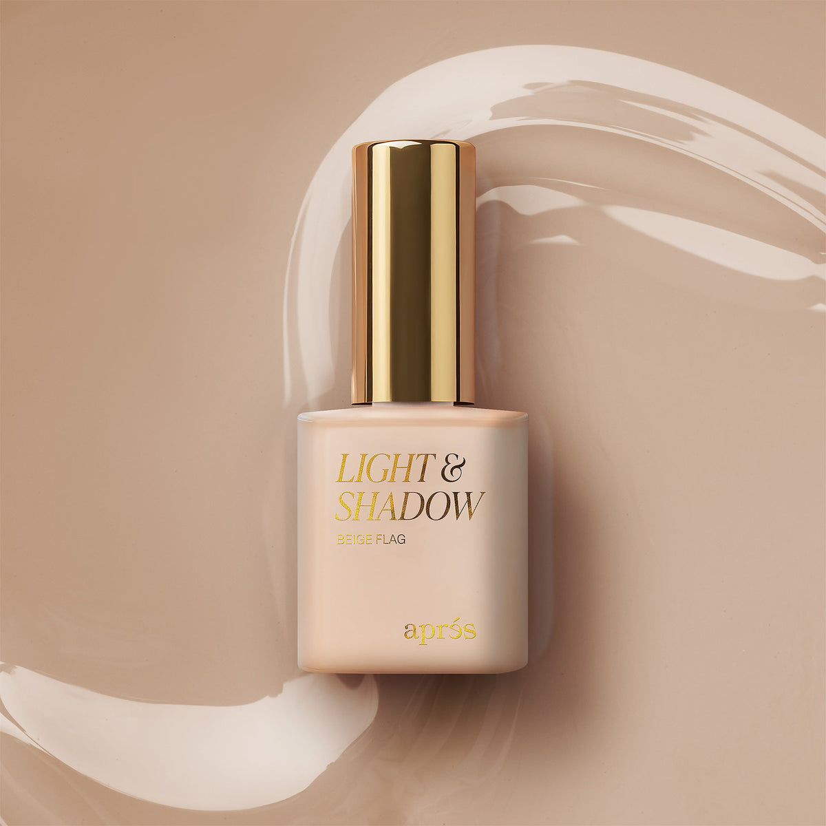 Aprés Light & Shadow Sheer Gel Couleur Beige Flag - 409, 10mL, bottle and color swatch