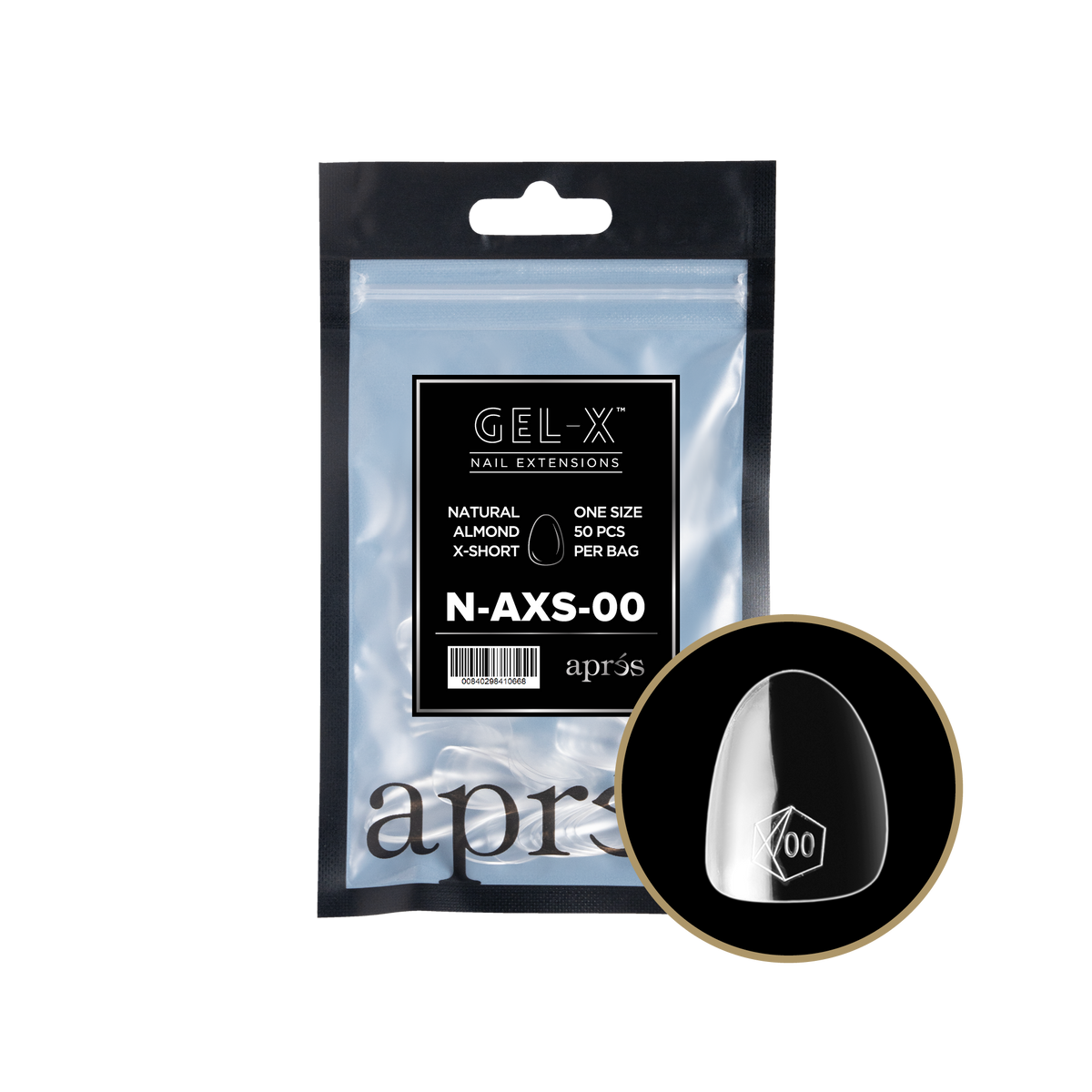 Aprés Gel-X Natural Almond Extra Short refill bag, 50 tips; representative package photo