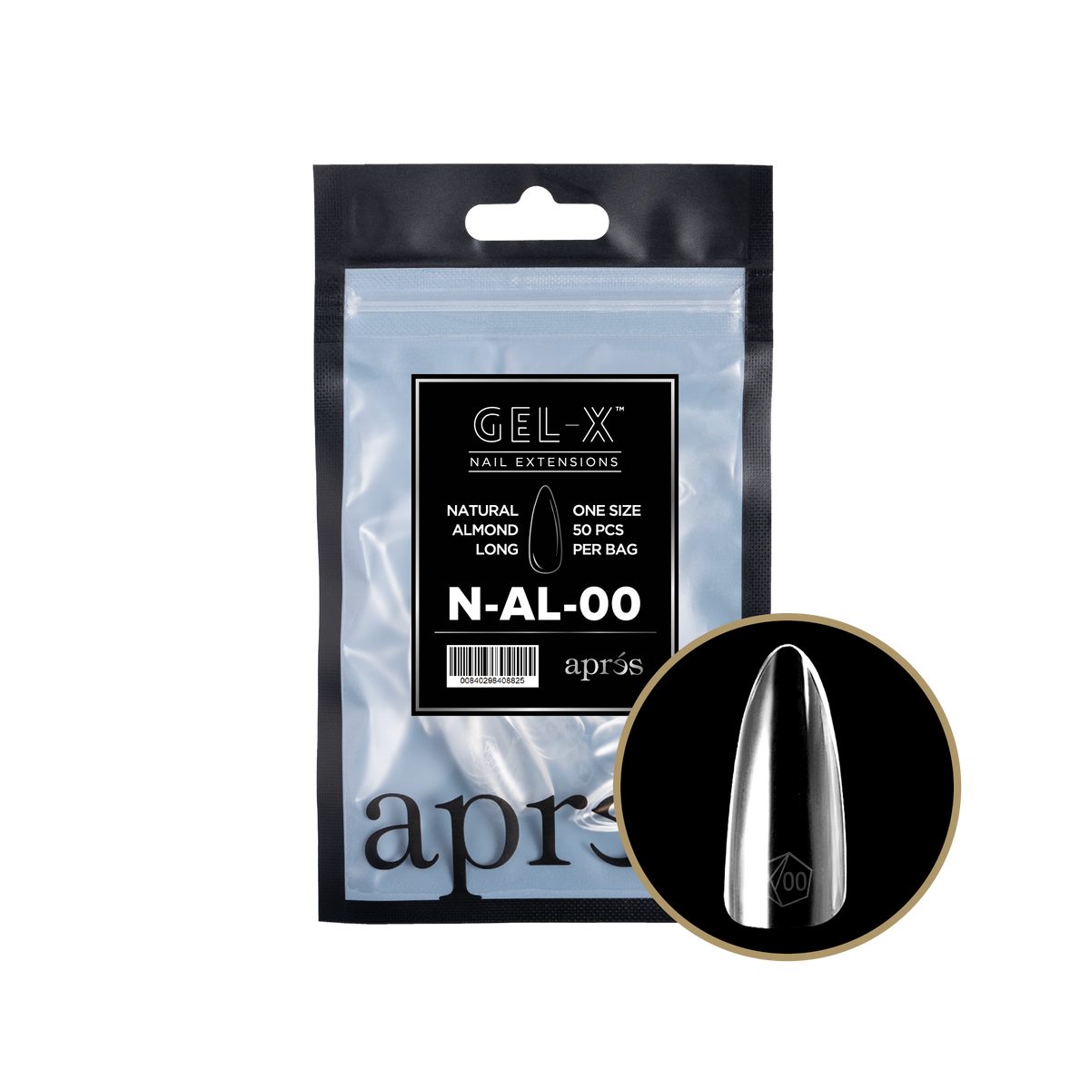 Aprés Gel-X Natural Almond Long refill bag, 50 tips; representative package photo