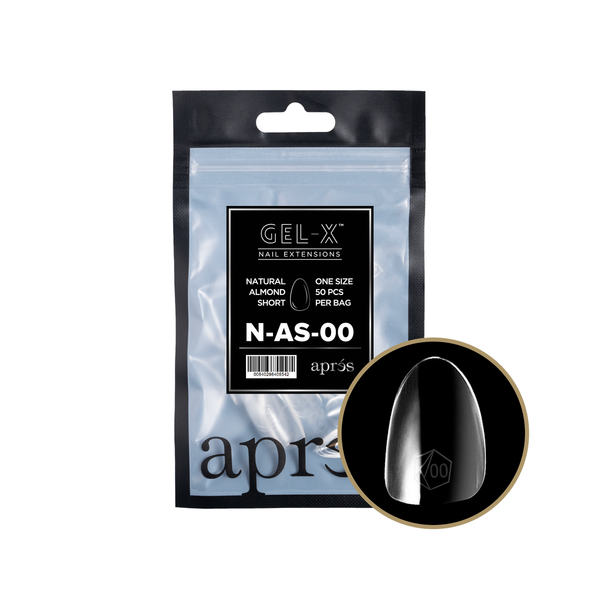 Aprés Gel-X Natural Almond Short refill bag, 50 tips; representative package photo