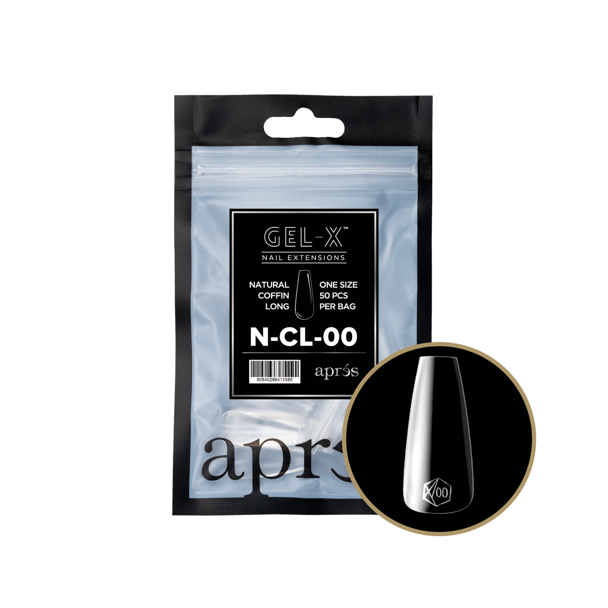 Aprés Gel-X Natural Coffin Long refill bag, 50 tips; representative package photo