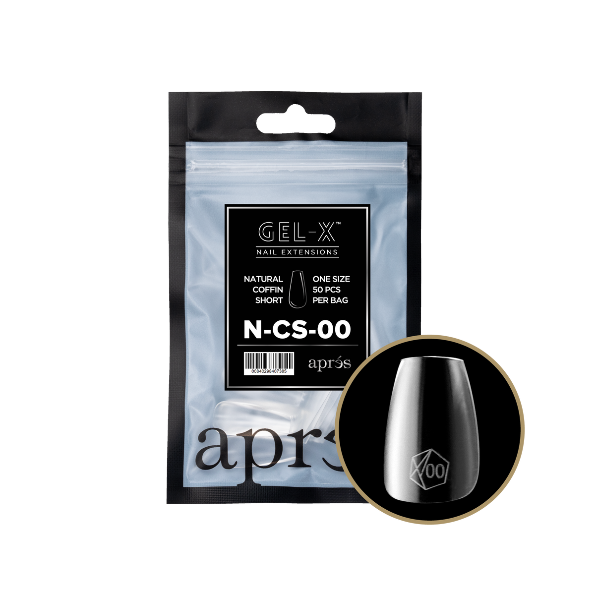 Aprés Gel-X Natural Coffin Short refill bag, 50 tips; representative package photo