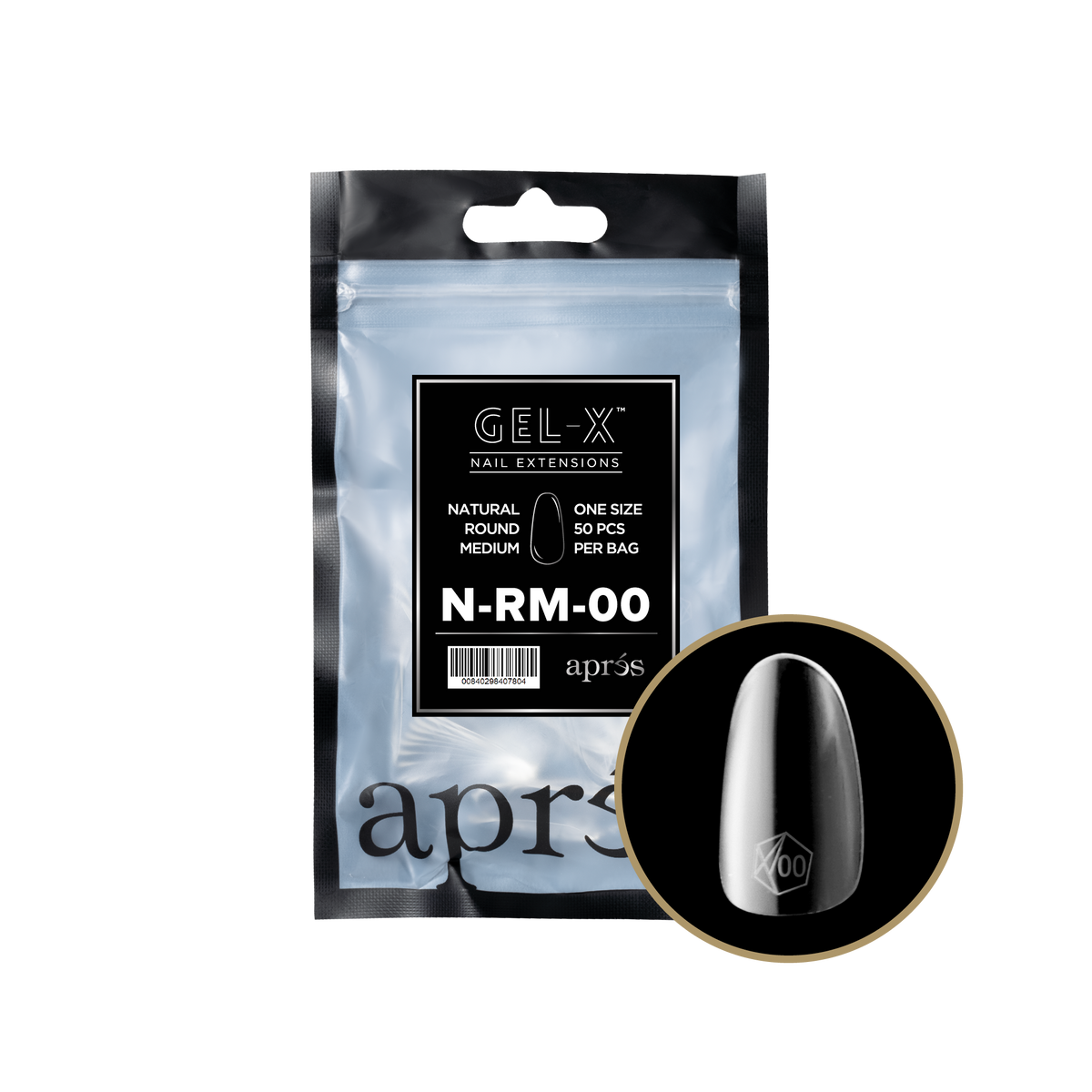 Aprés Gel-X Natural Round Medium refill bag, 50 tips; representative package photo
