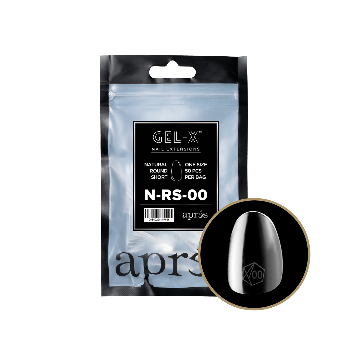 Aprés Gel-X Natural Round Short refill bag, 50 tips; representative package photo