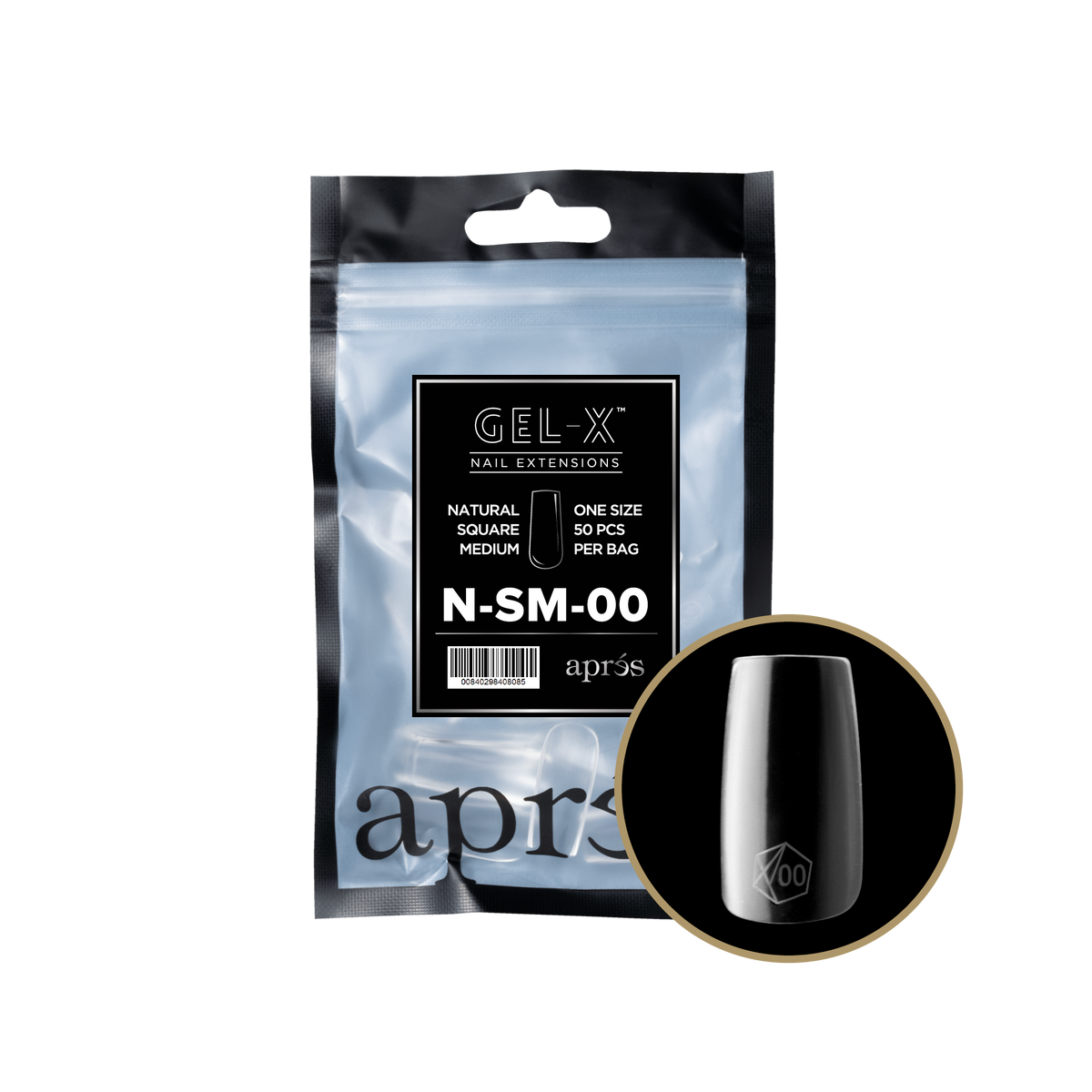 Aprés Gel-X Natural Square Medium refill bag, 50 tips; representative package photo
