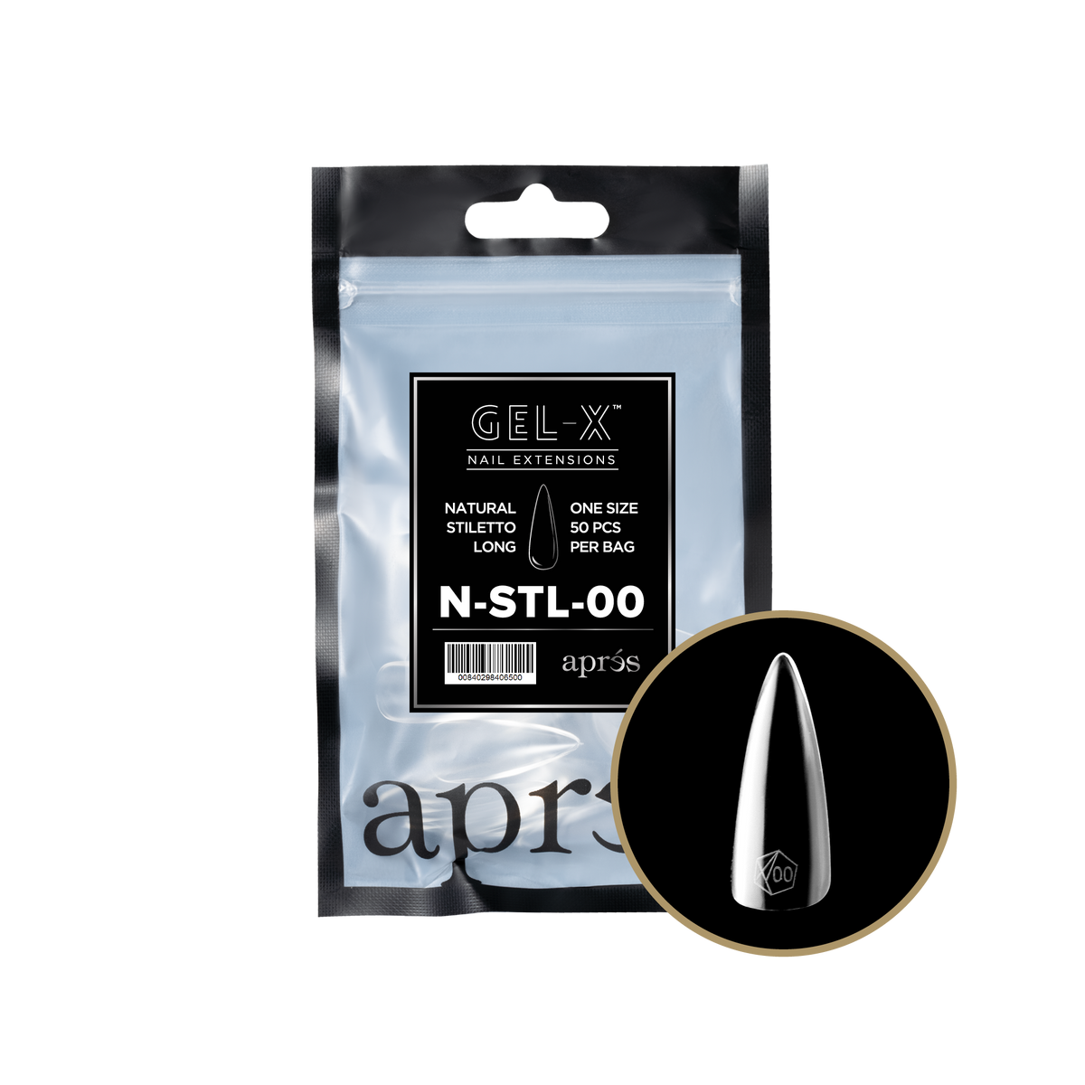 Aprés Gel-X Natural Stiletto Long refill bag, 50 tips; representative package photo