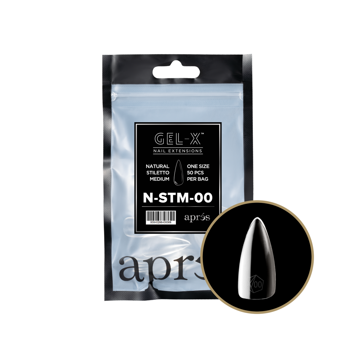 Aprés Gel-X Natural Stiletto Medium refill bag, 50 tips; representative package photo