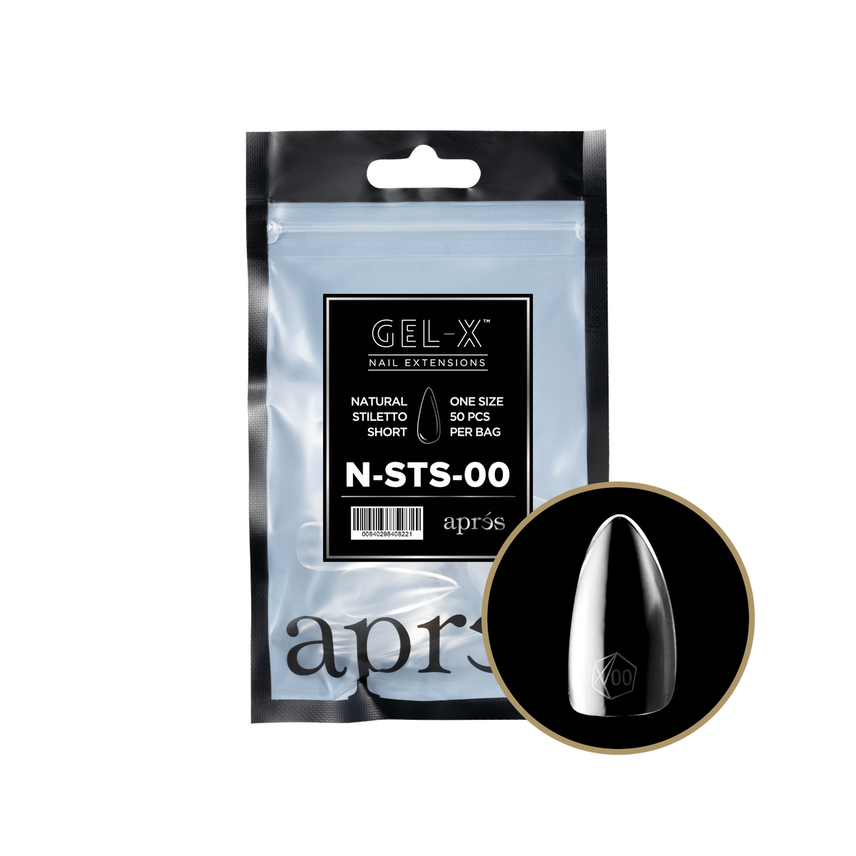 Aprés Gel-X Natural Stiletto Short refill bag, 50 tips; representative package photo