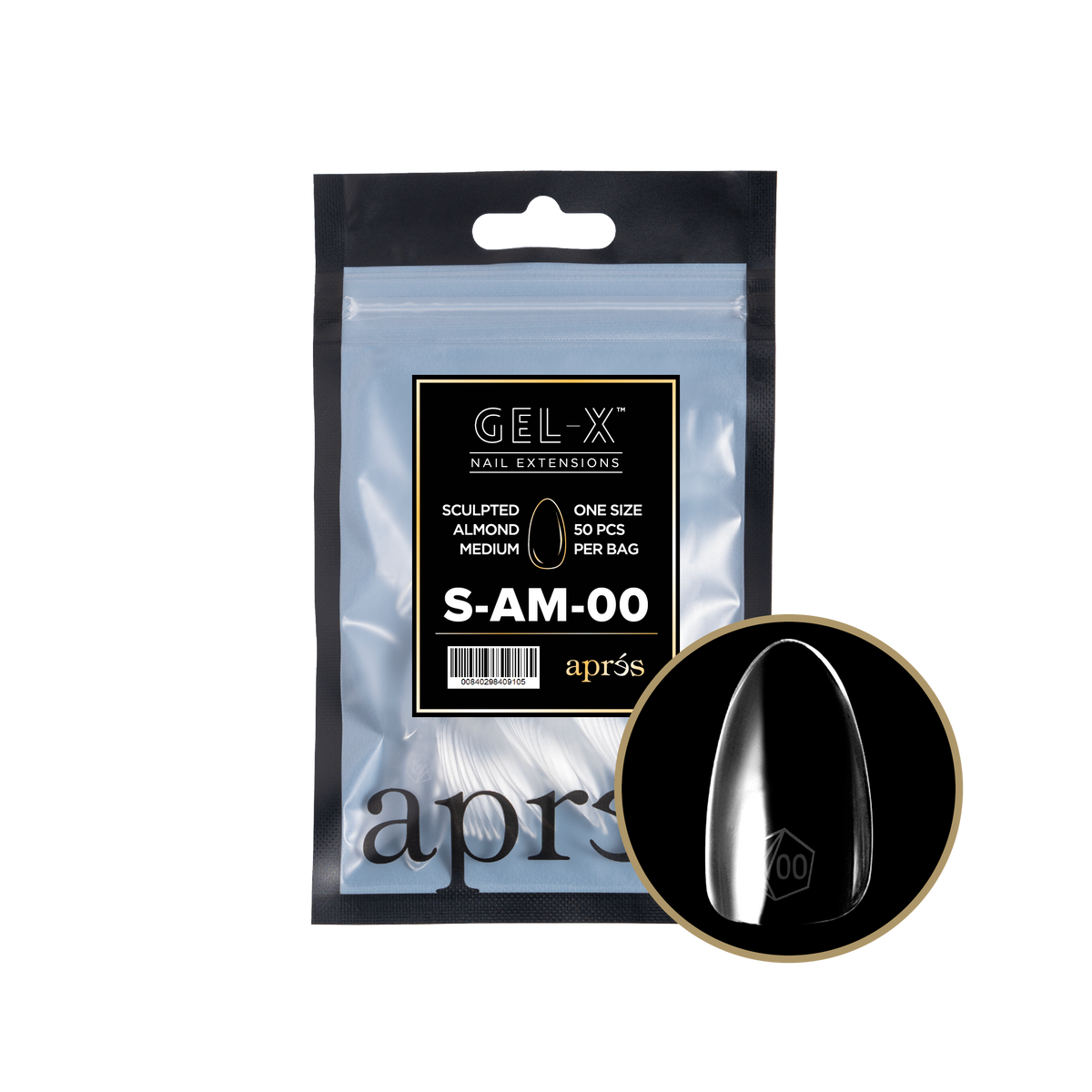Aprés Gel-X Sculpted Almond Medium refill bag, 50 tips; representative package photo