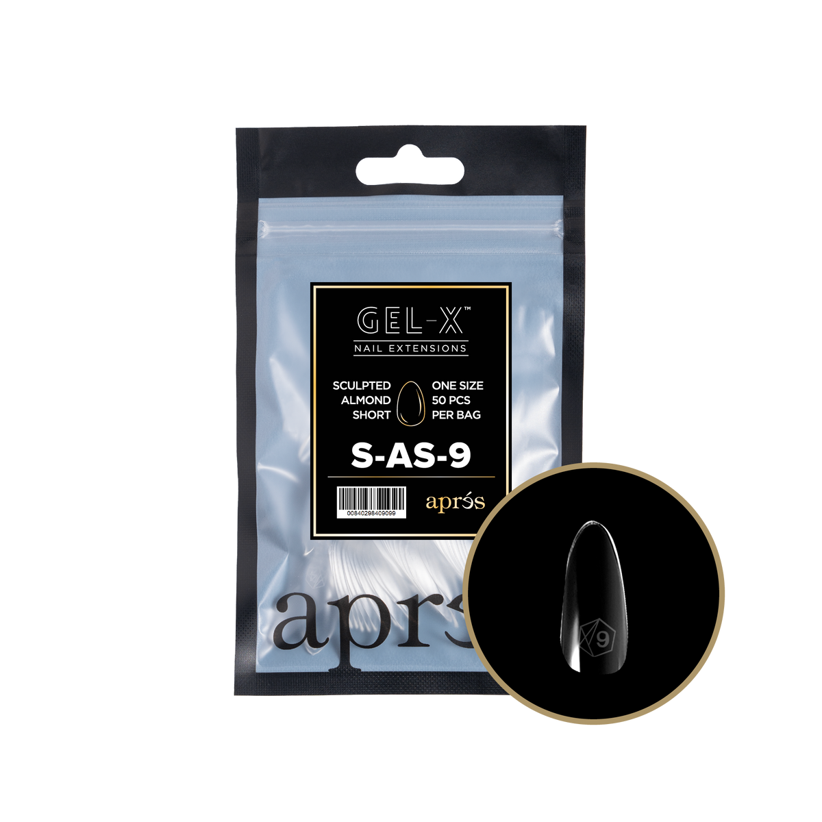 Aprés Gel-X Sculpted Almond Short refill bag, 50 tips; representative package photo