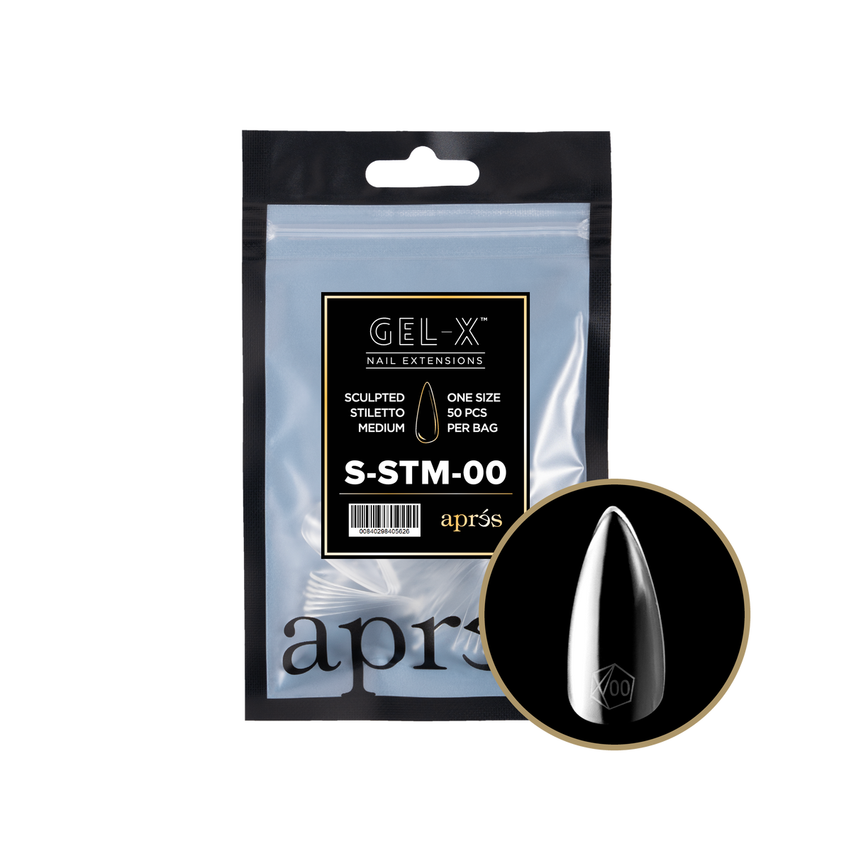 Aprés Gel-X Sculpted Stiletto Medium refill bag, 50 tips; representative package photo