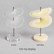Berkeley 120-tip spiral polish display — natural-clear; painted colors are usage examples