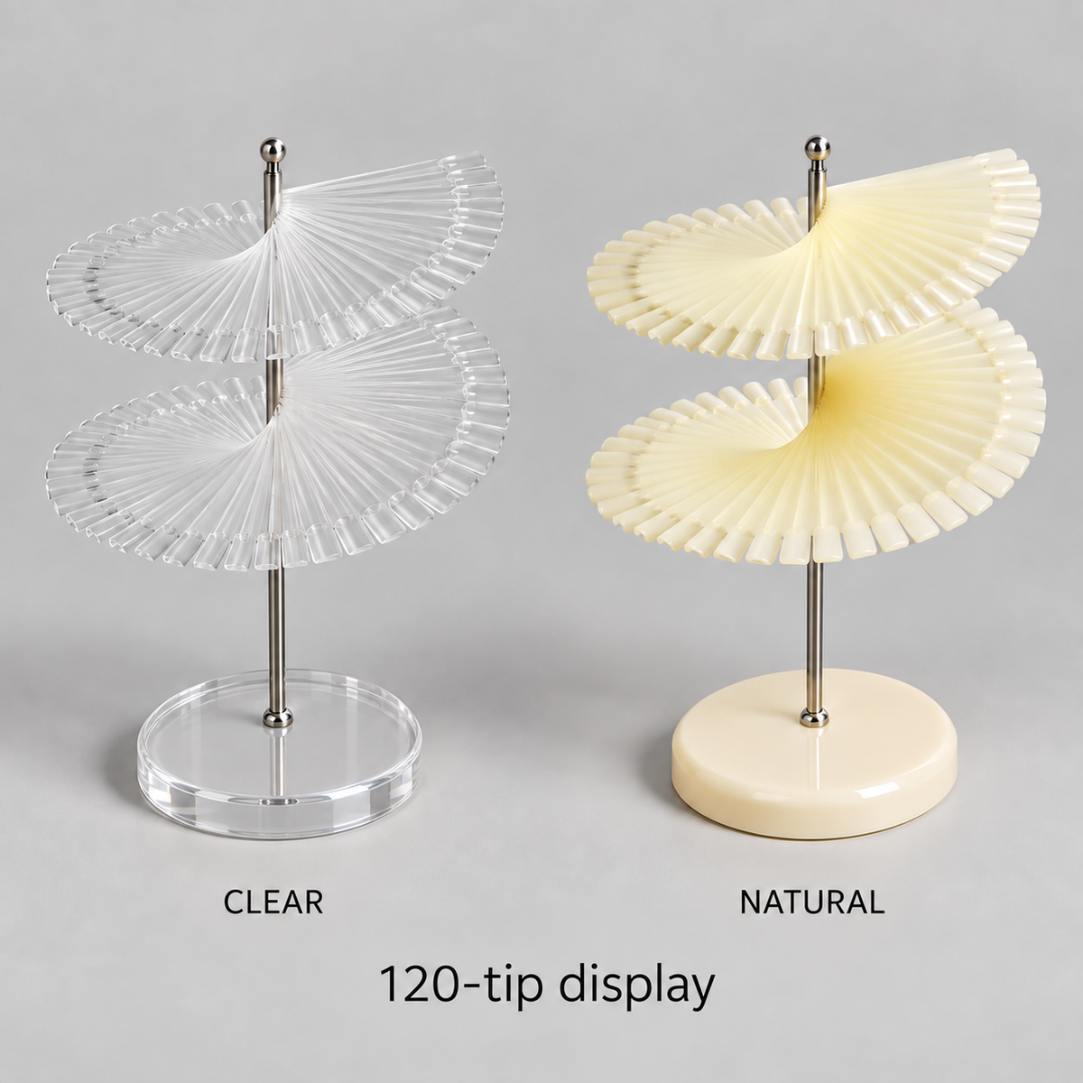 Berkeley 120-tip spiral polish display — natural-clear; painted colors are usage examples
