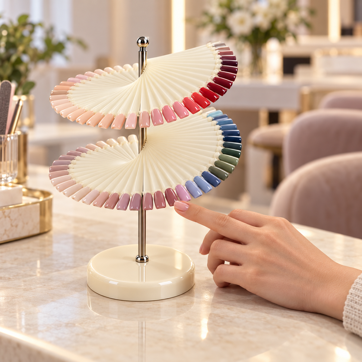 Berkeley 120-tip spiral polish display — salon-use; painted colors are usage examples