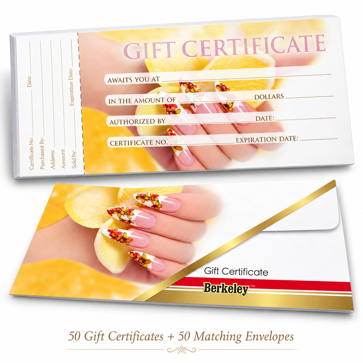 Berkeley floral nails gift certificate and matching envelope set — 50 of each