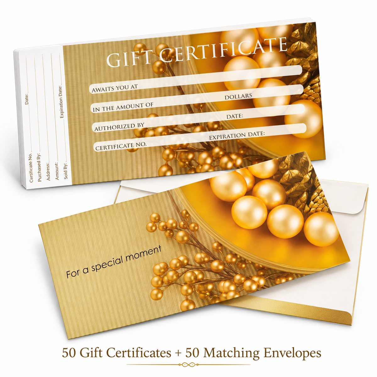 Berkeley gold gift certificate and matching envelope set — 50 certificates and 50 envelopes
