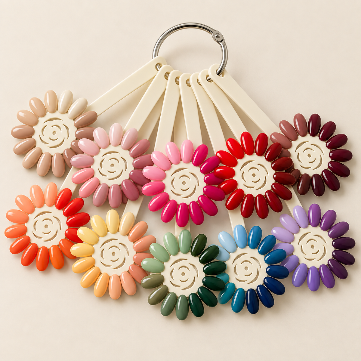 Painted flower color swatches connected on a silver ring. AI-generated usage example; product supplied unpainted in natural color.
