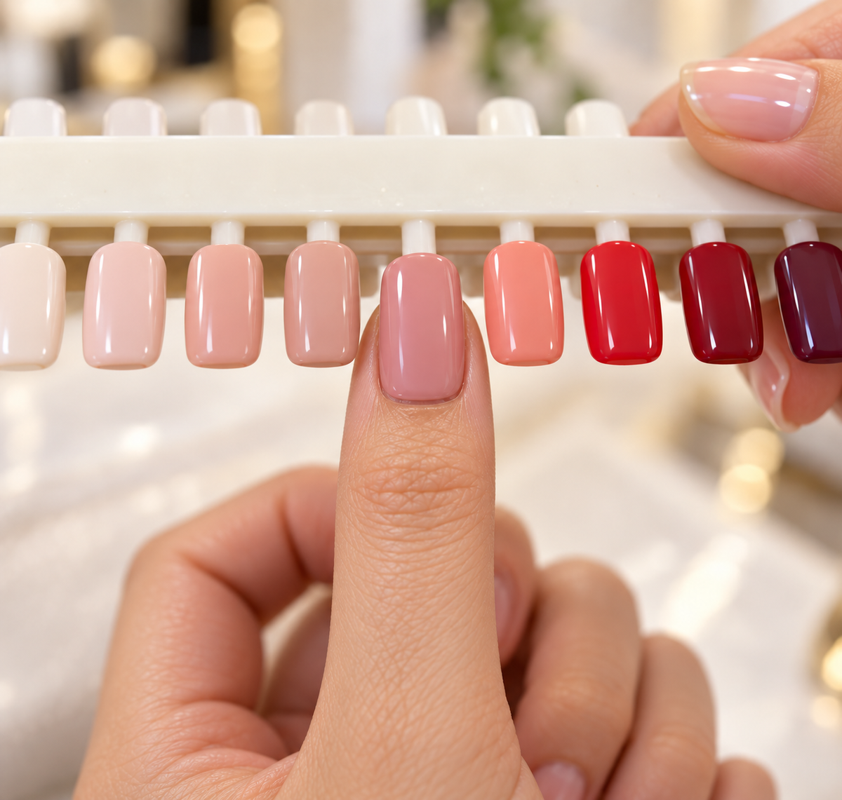 AI-created usage example: color sample placed over a customer's nail to preview the shade