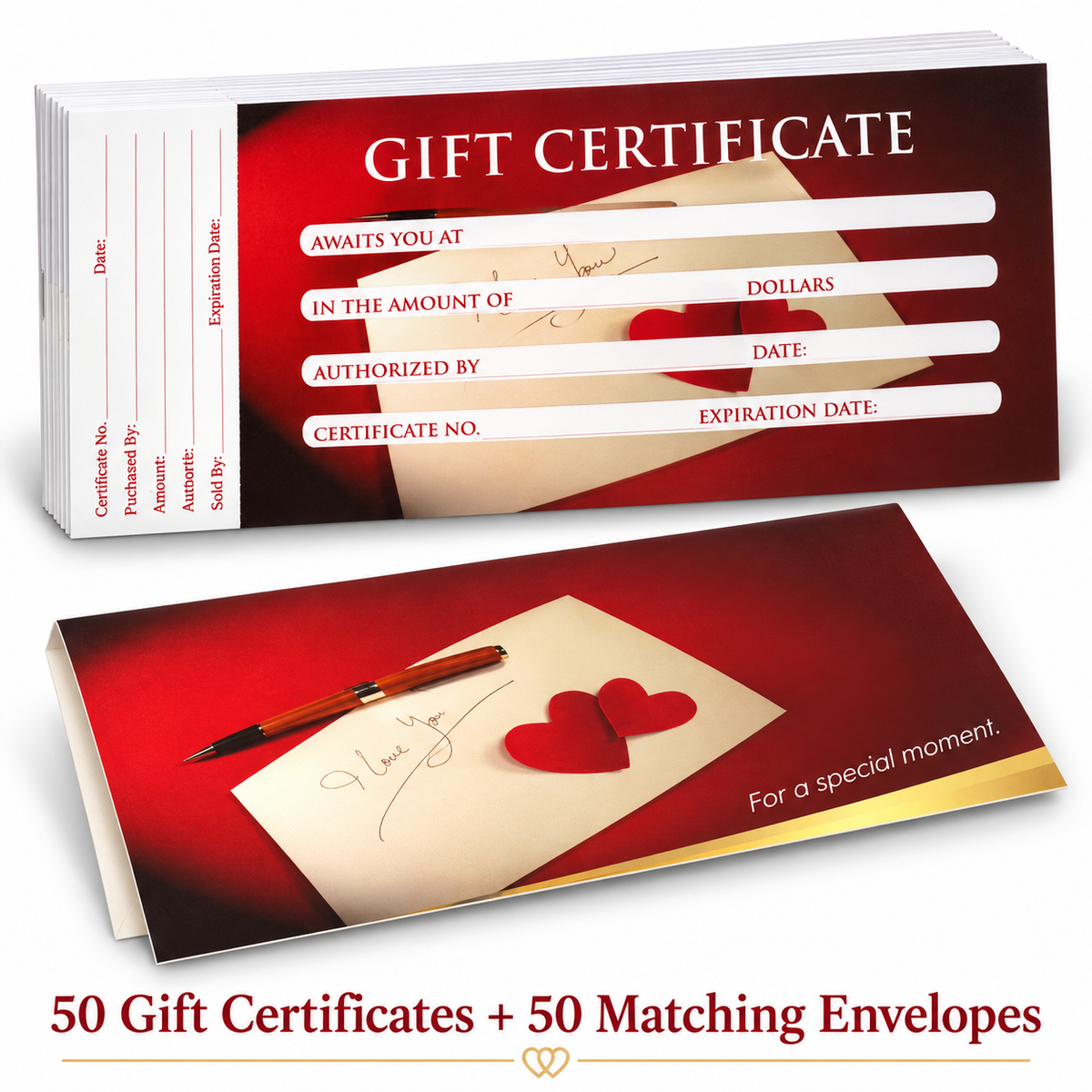 Berkeley red heart gift certificate and matching envelope set — 50 of each