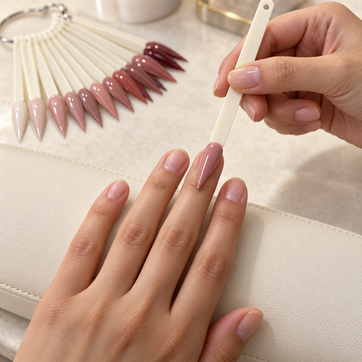 Illustrative use: comparing a painted stiletto color swatch against a nail