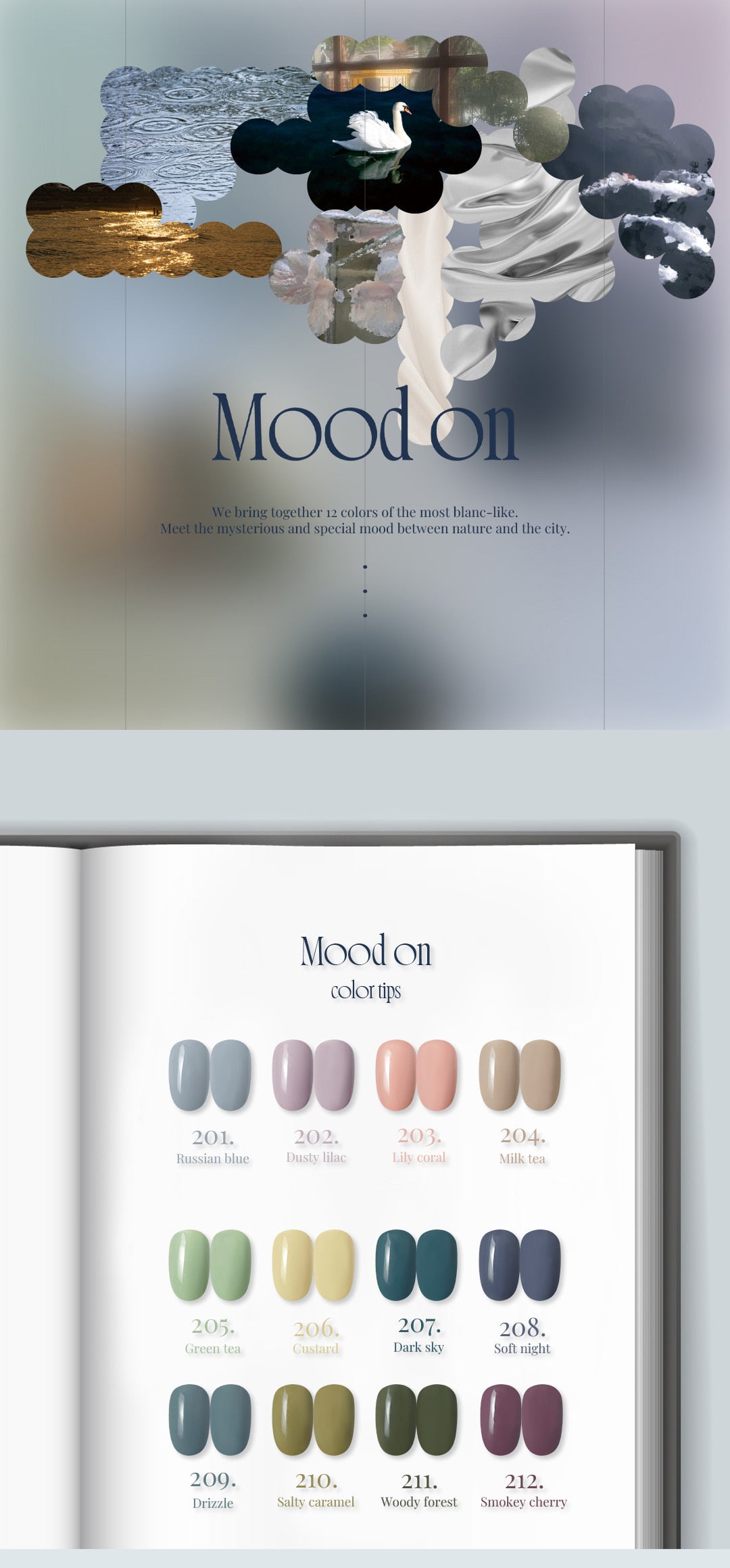 Blanc de Blue Mood On color guide, shades 201–212