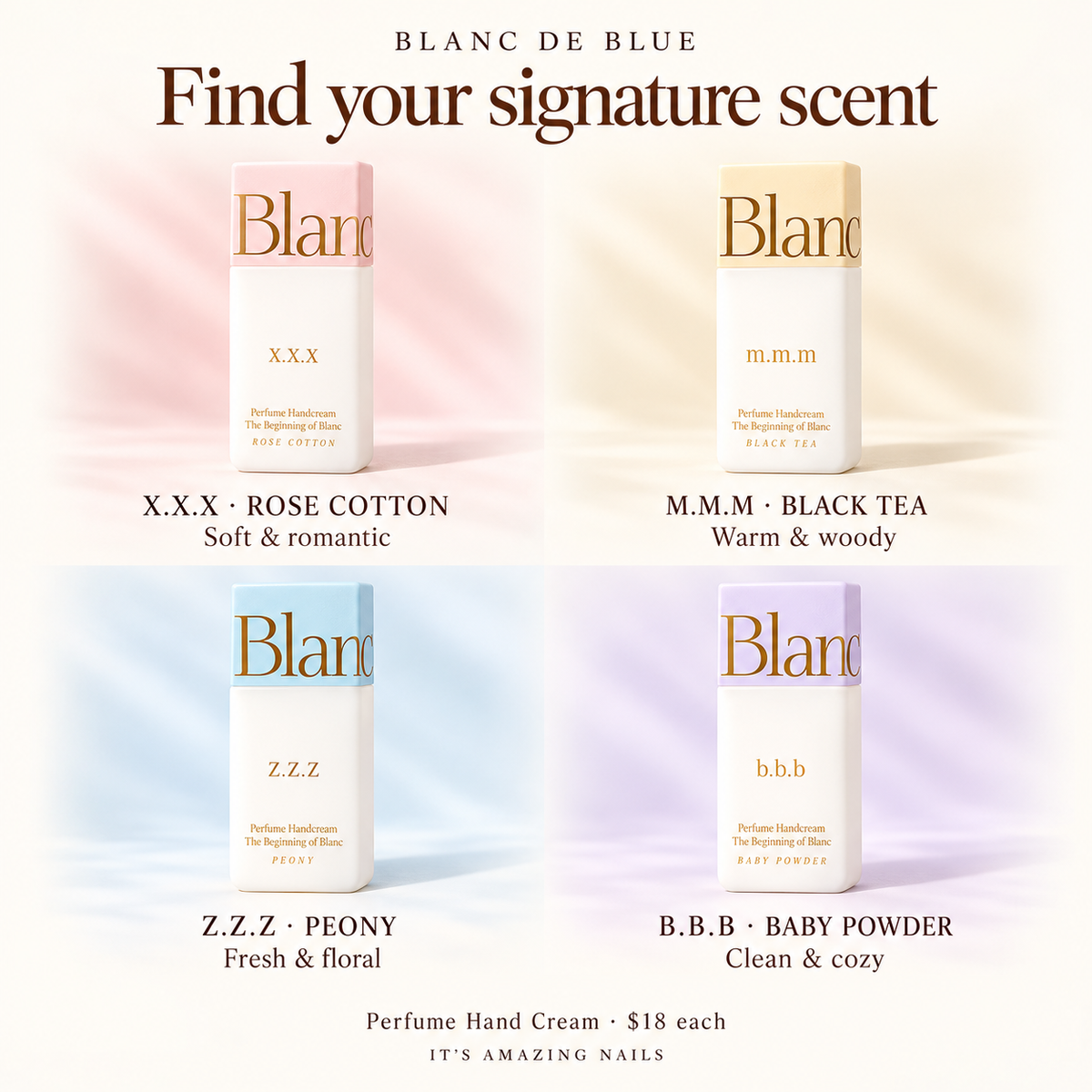 Blanc fragrance guide: Rose Cotton, Black Tea, Peony, and Baby Powder