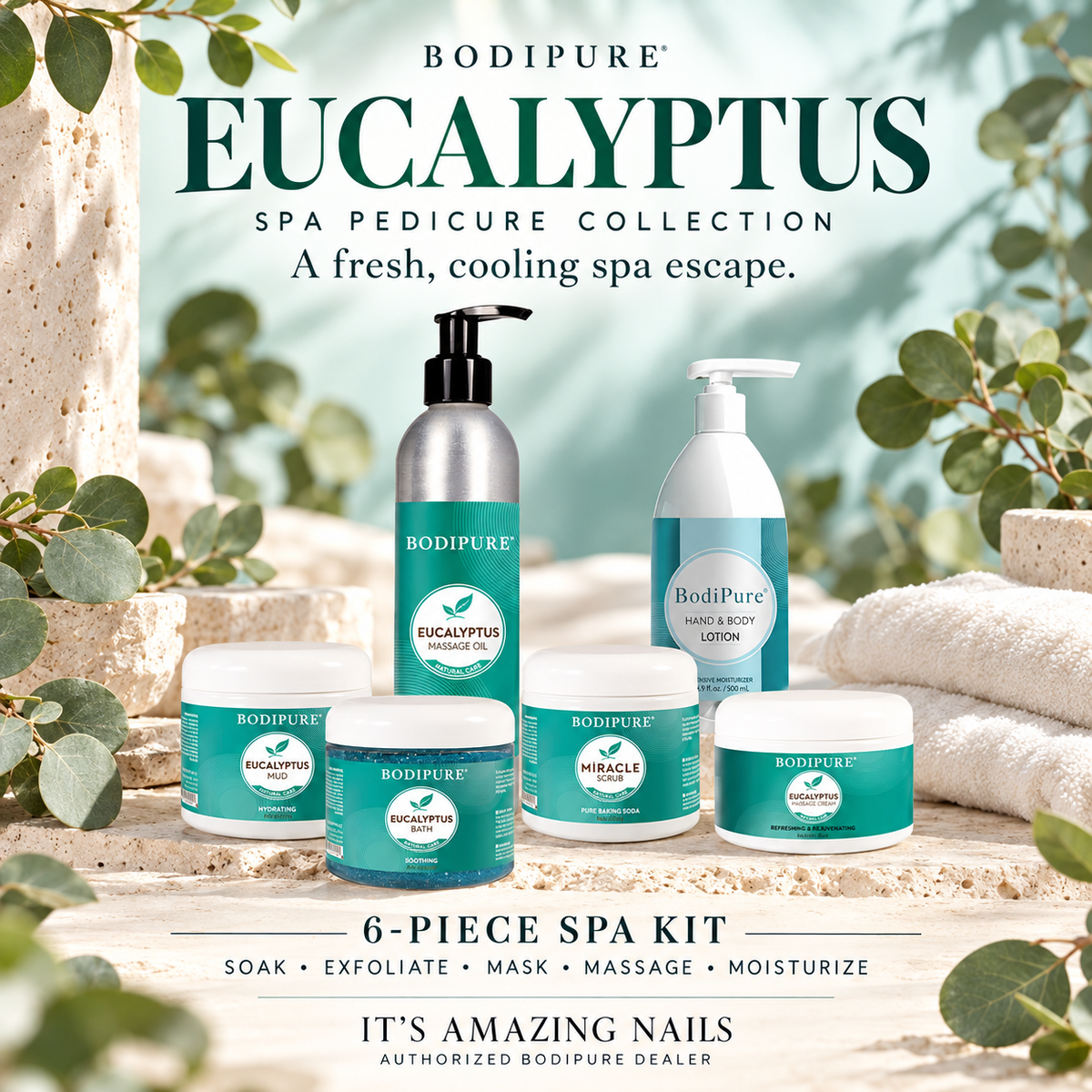 Bodipure Eucalyptus Spa Pedicure Kit collection poster — six-piece kit and five-step spa ritual