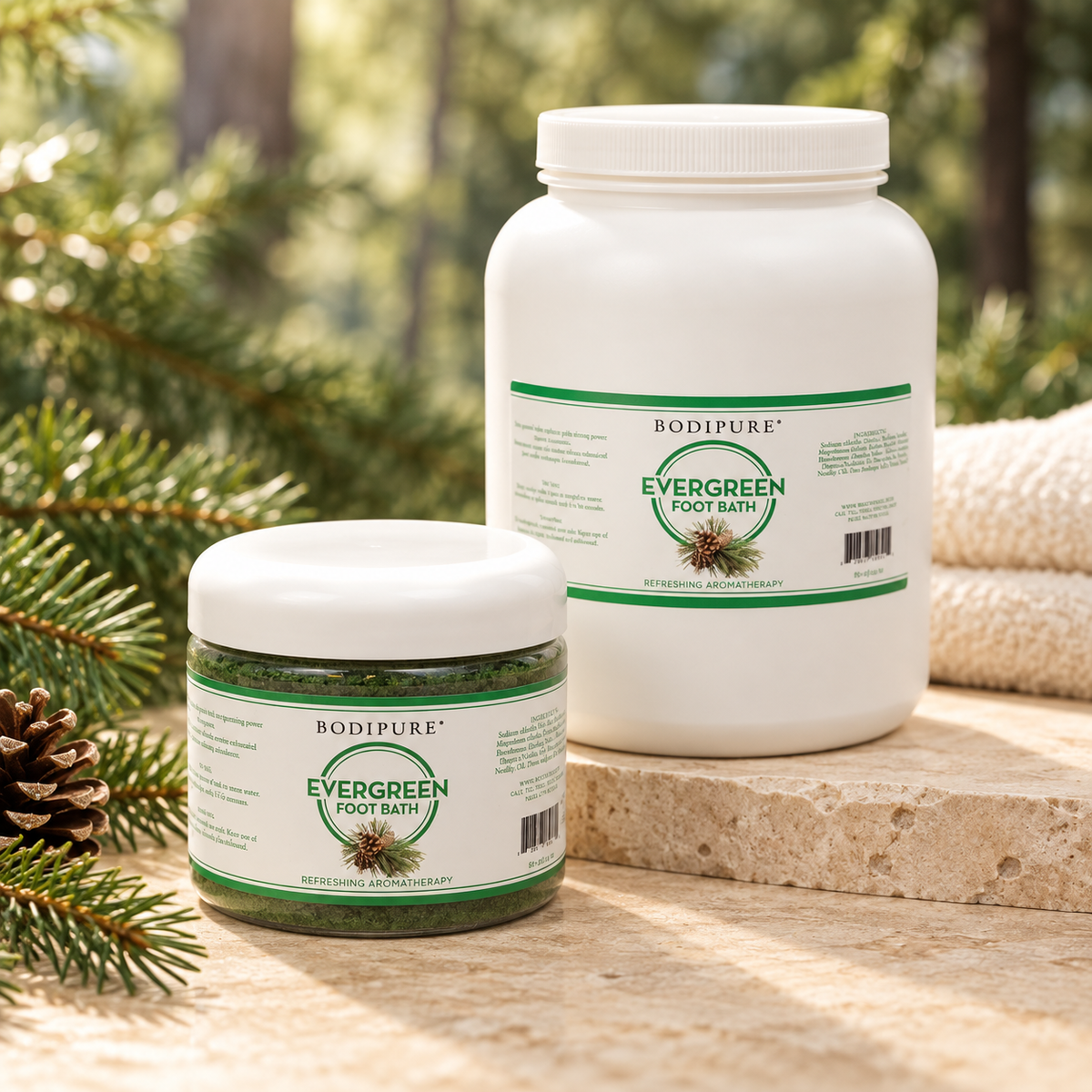 Bodipure Evergreen Body Bath – two size options shown; sold separately styled product photograph