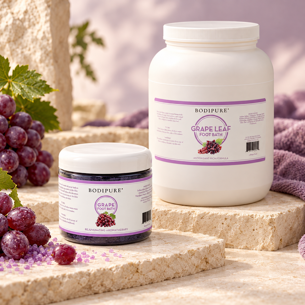 Bodipure Grape Leaf Body Bath – two size options shown; sold separately styled product photograph