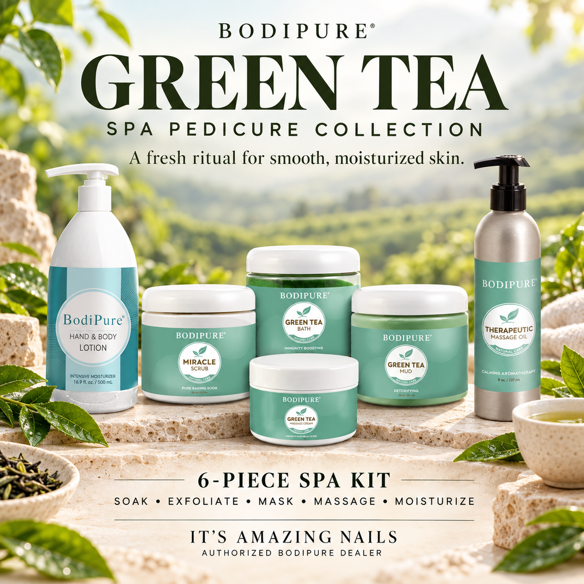 Bodipure Green Tea Spa Pedicure Kit collection poster — six-piece kit and five-step spa ritual