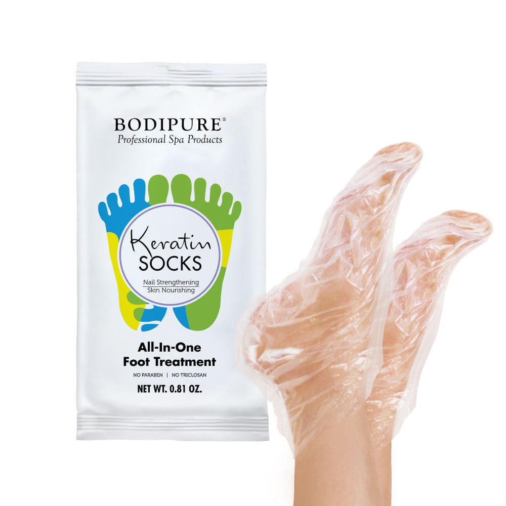 Bodipure Keratin socks individual treatment shown; selected box contains 50 pairs
