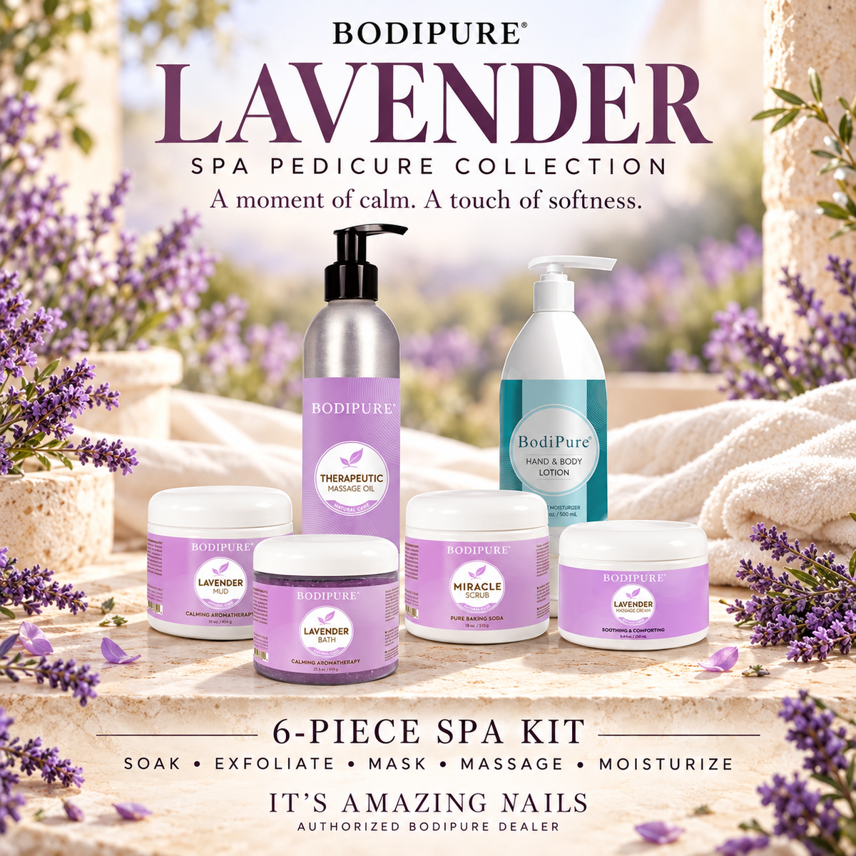 Bodipure Lavender Spa Pedicure Kit collection poster — six-piece kit and five-step spa ritual