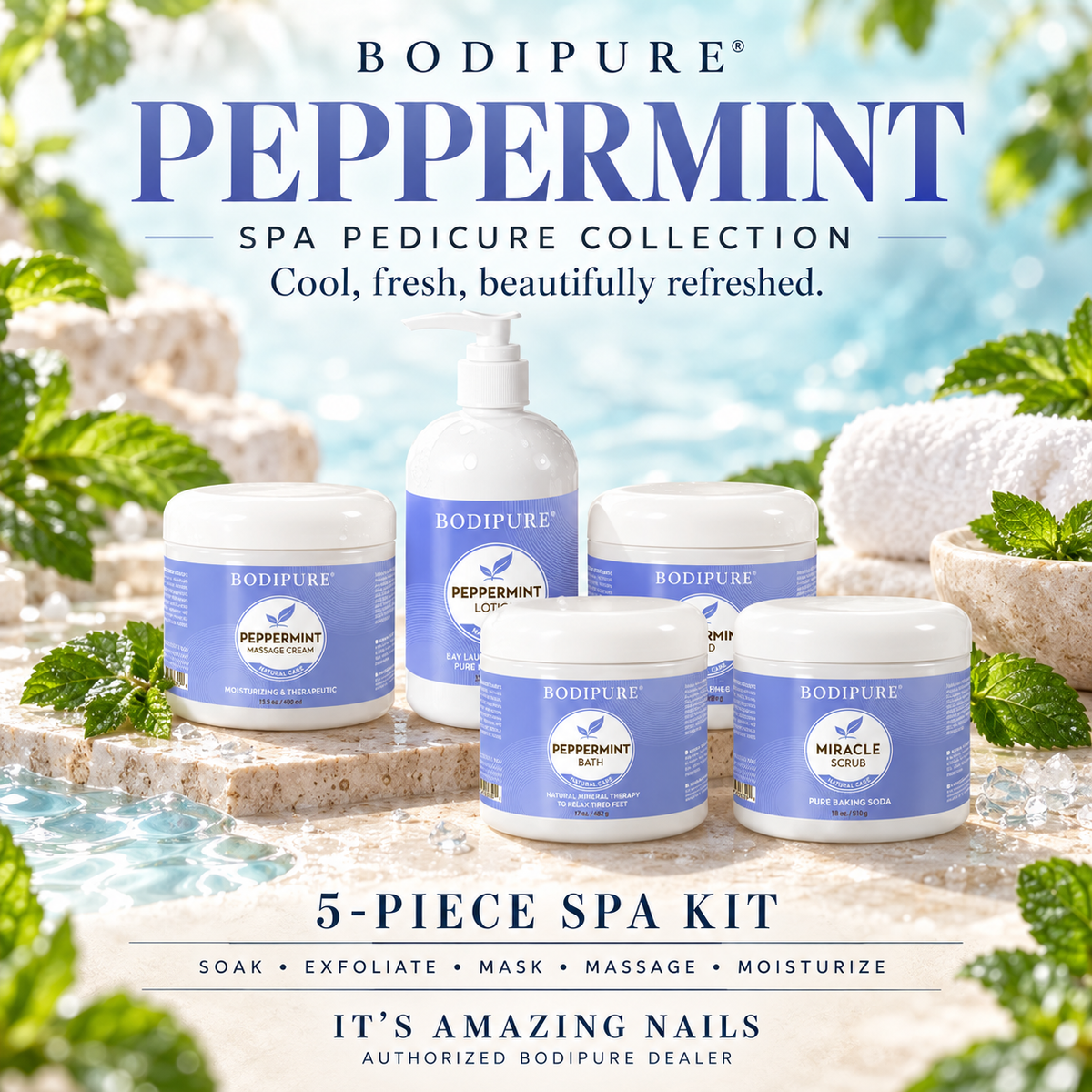 Bodipure Peppermint Spa Pedicure Kit collection poster — five-piece kit and five-step spa ritual