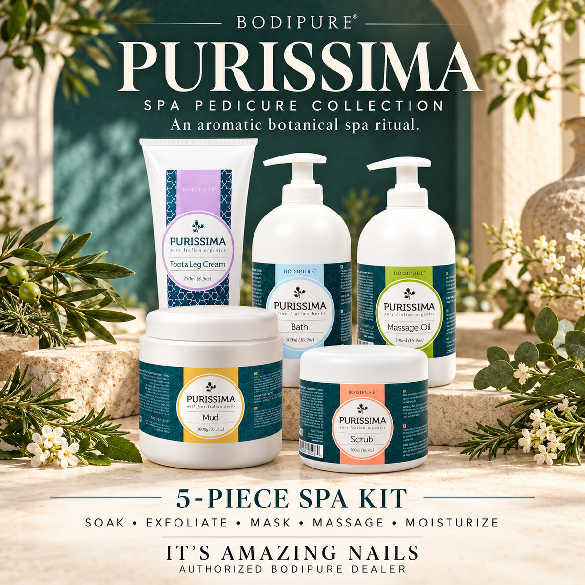 Bodipure Purissima Organic Spa Pedicure Kit collection poster — five-piece kit and five-step spa ritual