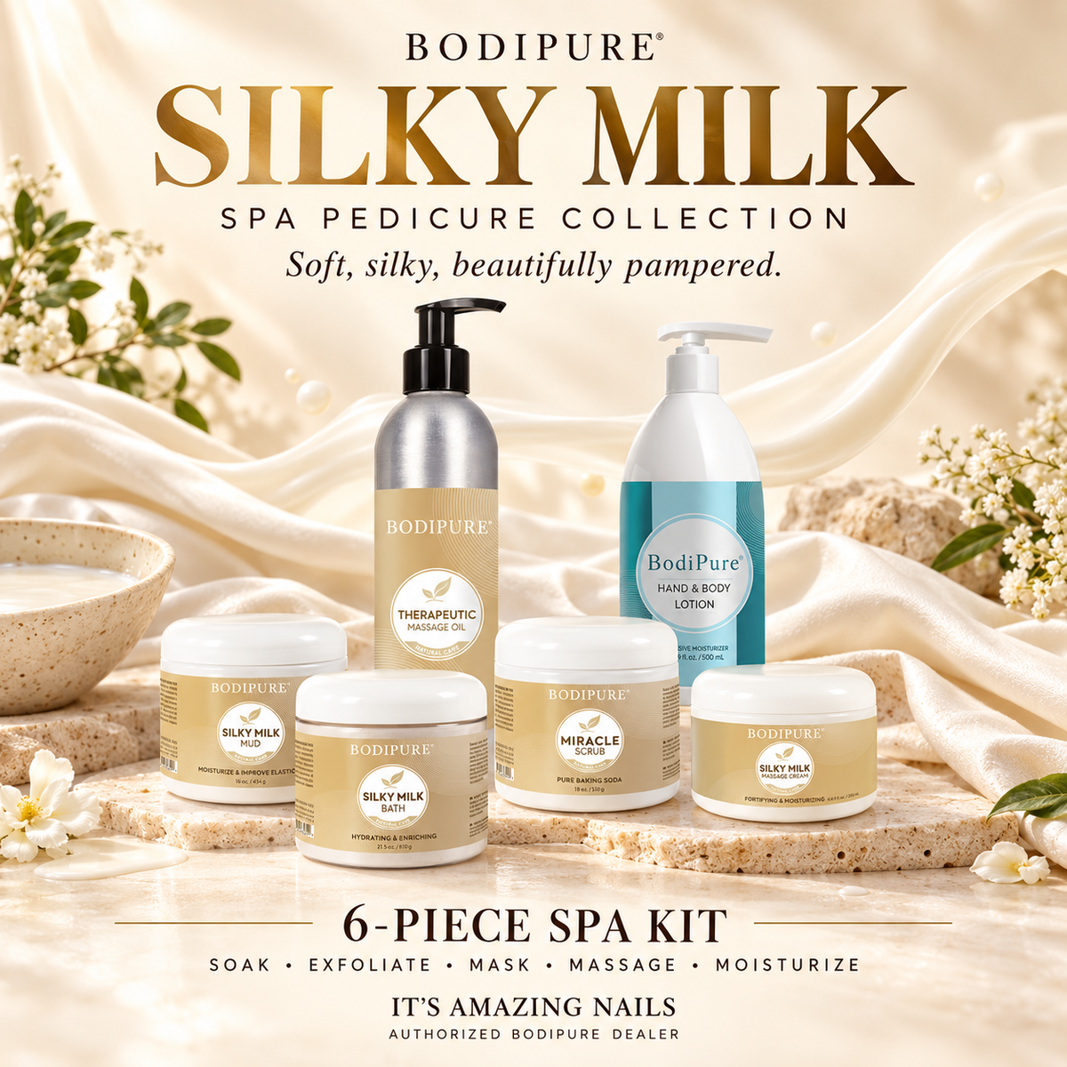 Bodipure Silky Milk spa pedicure collection poster — six-piece kit and five-step spa ritual