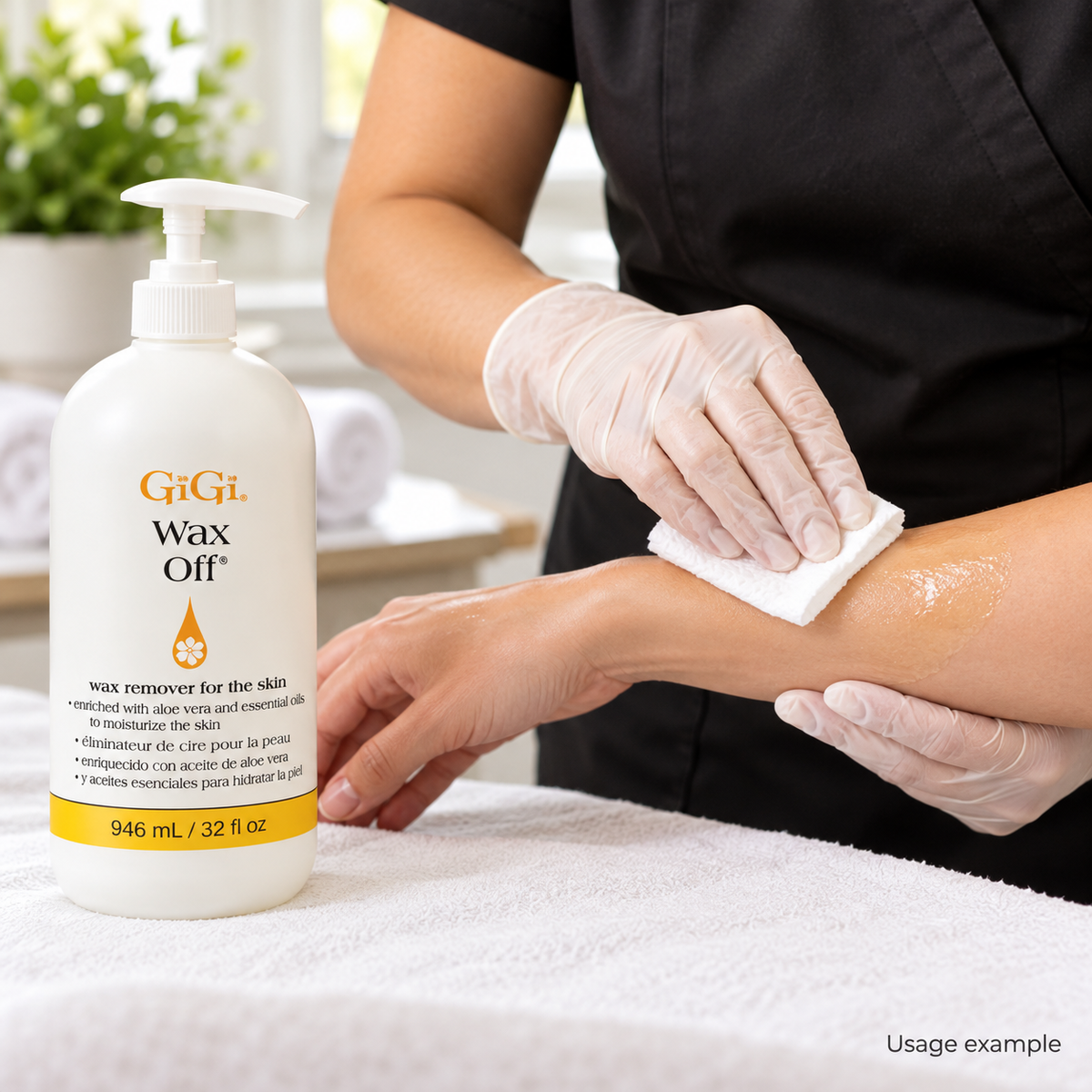 GiGi Wax Off Skin Wax Remover — 16 or 32 oz — AI-generated usage example
