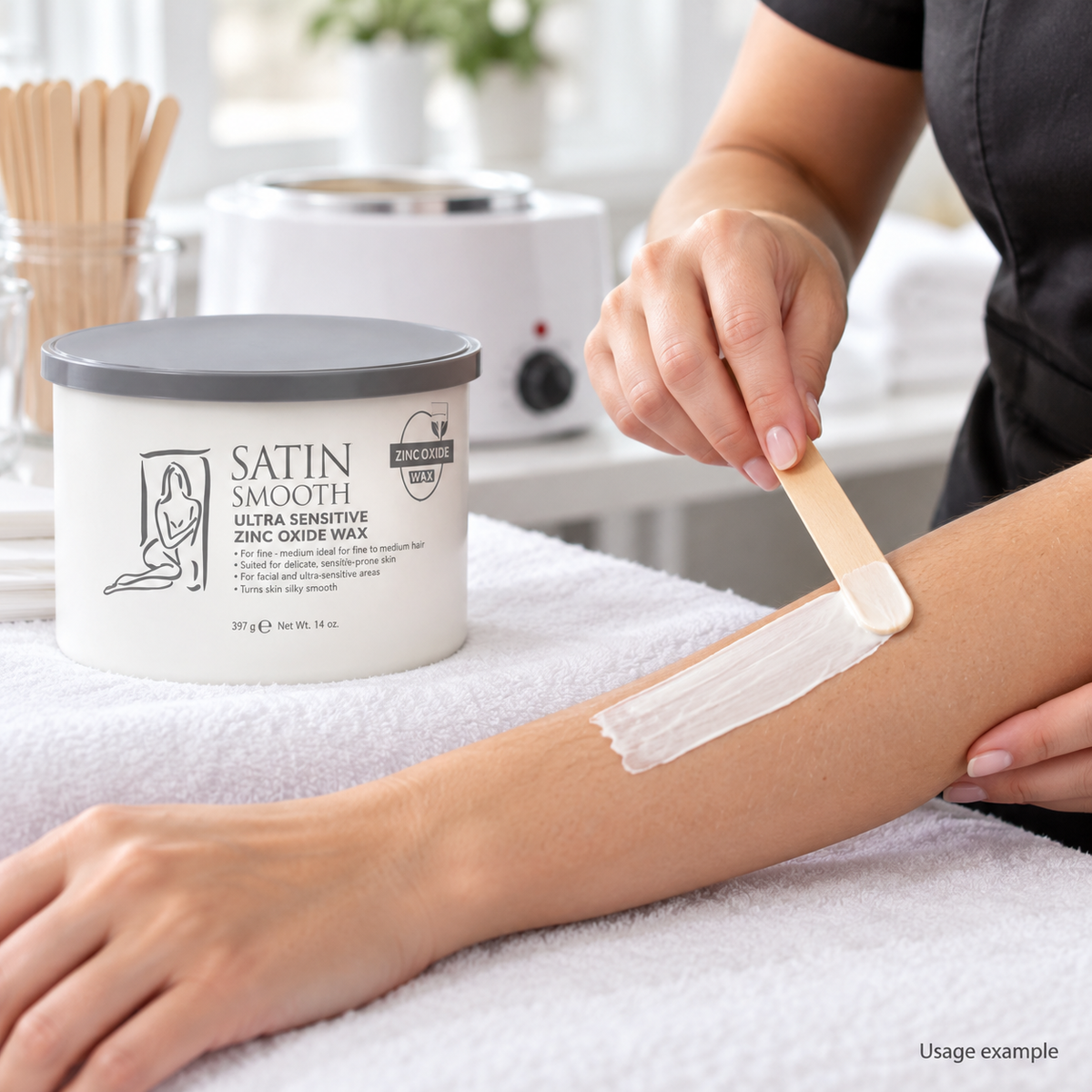 Satin Smooth Ultra Sensitive Zinc Oxide Wax — 14 oz — AI-generated usage example