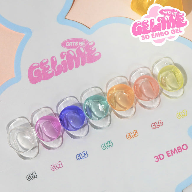 CATS ME Gelime GL01–GL07 seven-color 3D gel swatches