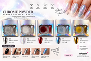 Chrome Powder five-color guide with 01 Silver, 02 Clear, 03 Red, 04 Blue and 05 Gold. No price or CR logo on the poster. Retouched promotional image.