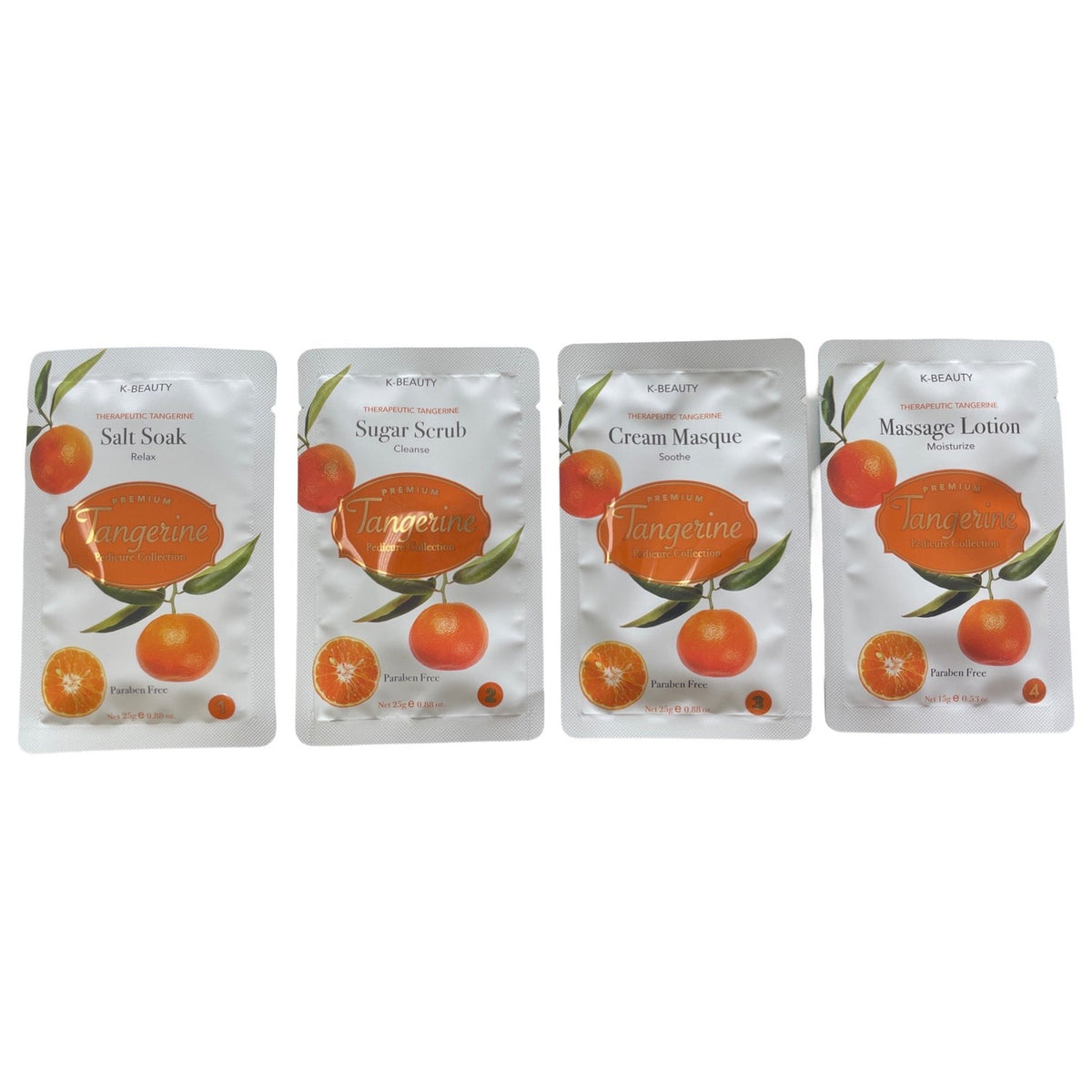 CODI Tangerine: actual individual Salt Soak, Sugar Scrub, Cream Masque and Massage Lotion sachets
