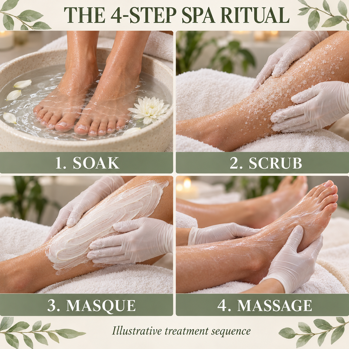 Illustrative four-step pedicure sequence: soak, scrub, masque and massage