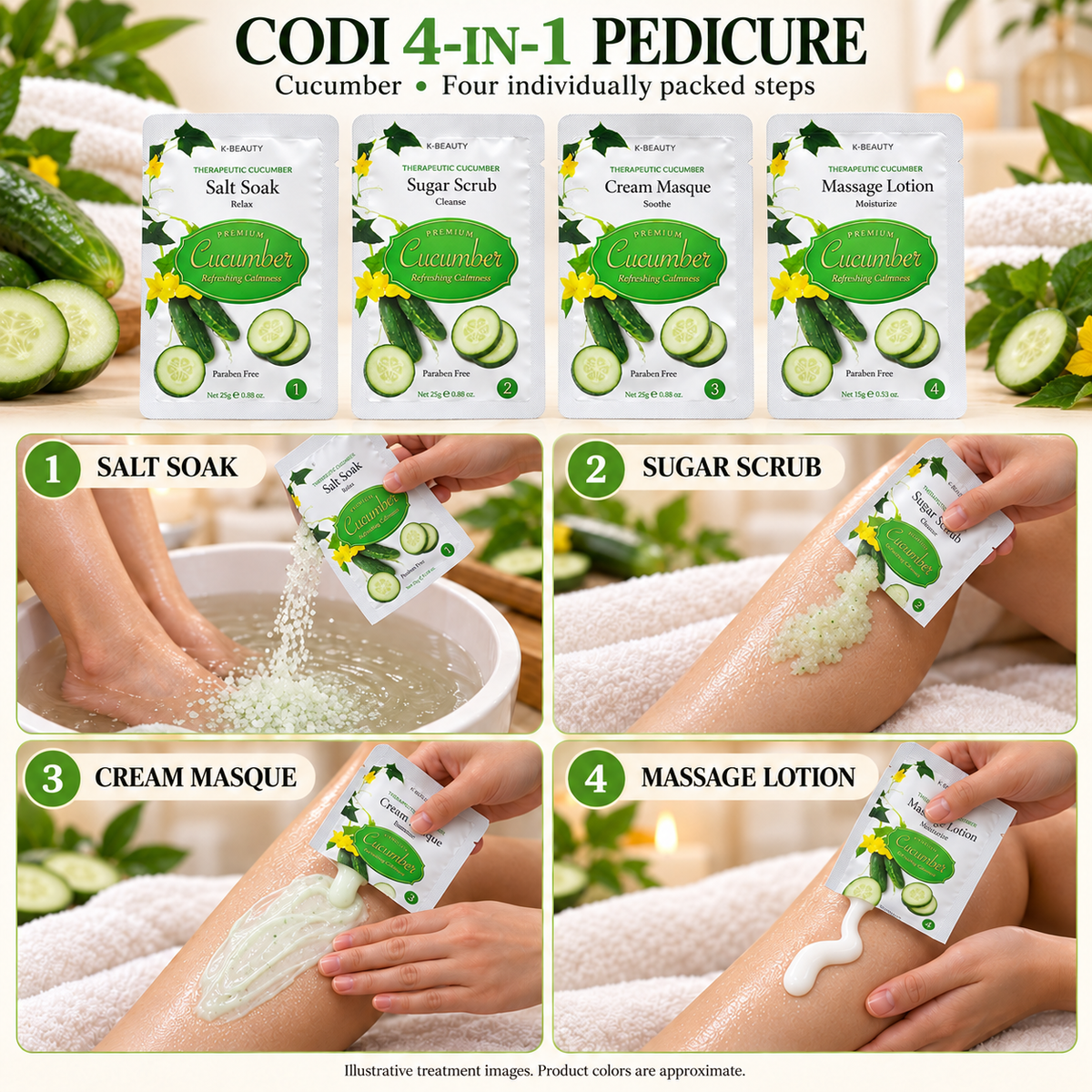CODI Cucumber four-step pedicure — illustrative sachets and salon treatment; colors approximate