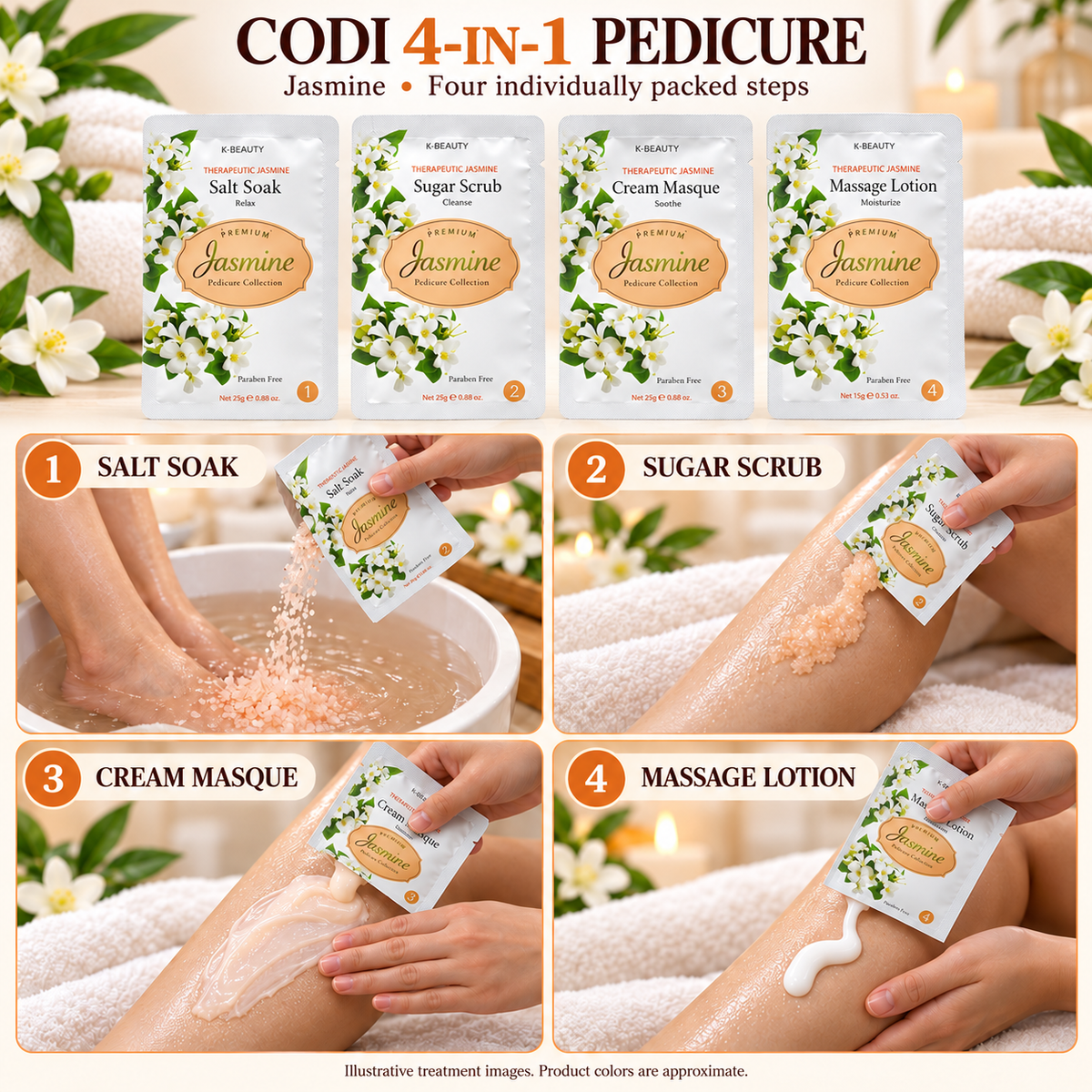 CODI Jasmine four-step pedicure — illustrative sachets and salon treatment; colors approximate