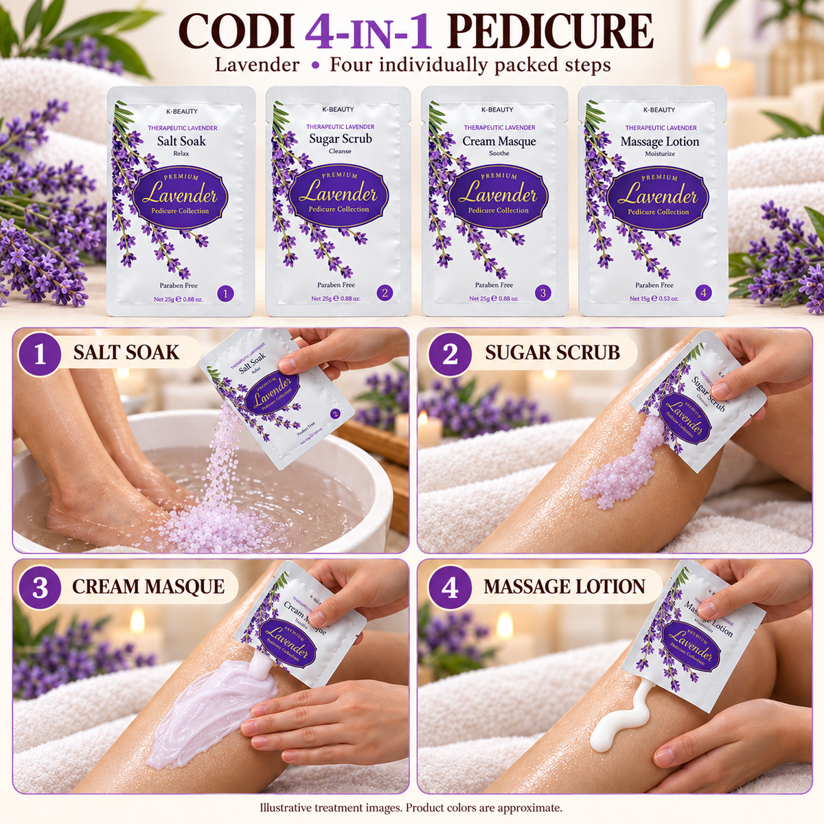 CODI Lavender four-step pedicure — illustrative sachets and salon treatment; colors approximate