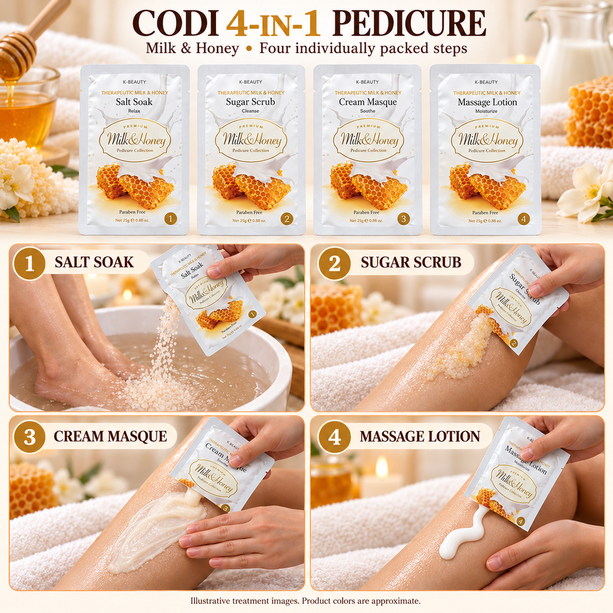 CODI Milk & Honey four-step pedicure — illustrative sachets and salon treatment; colors approximate