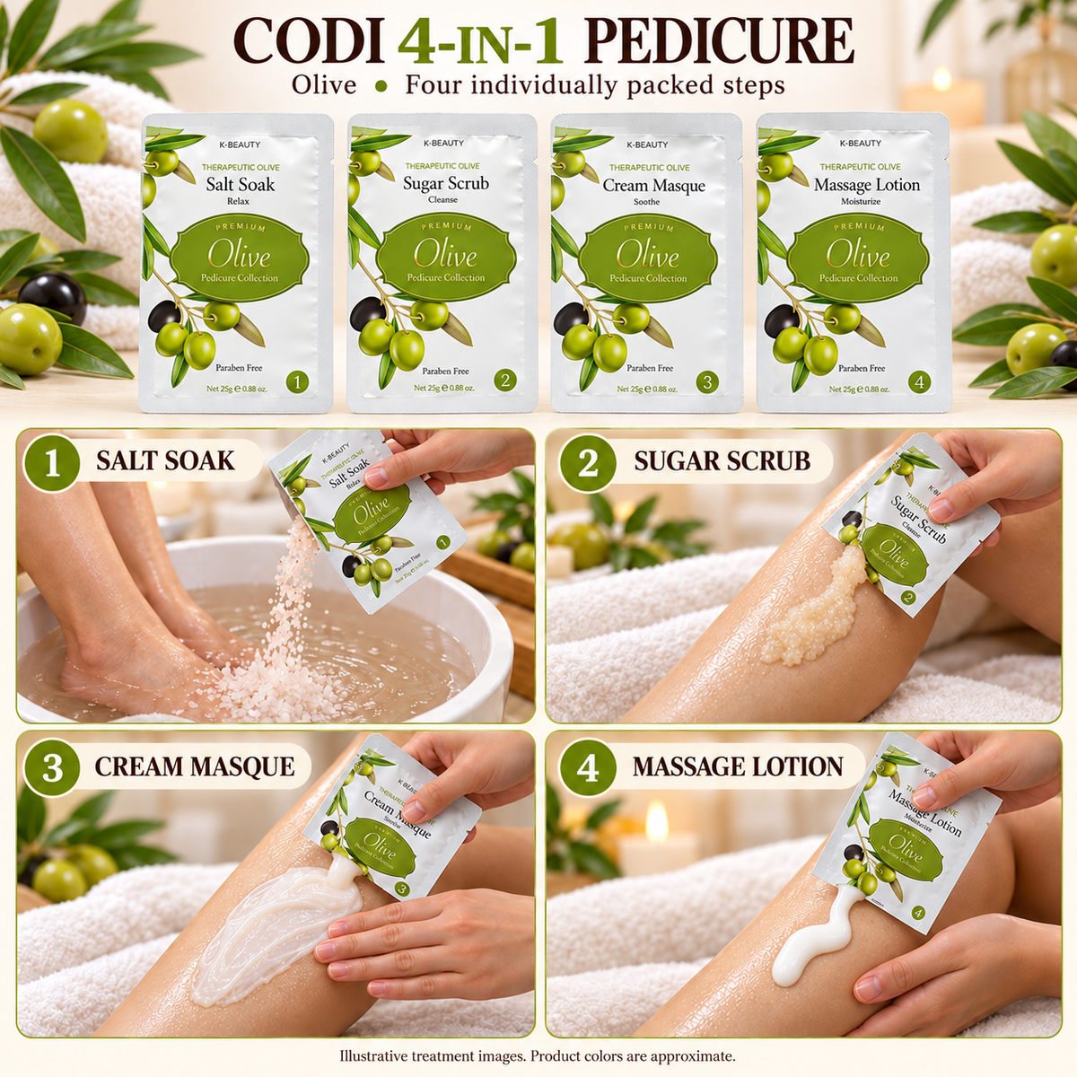 CODI Olive four-step pedicure — illustrative sachets and salon treatment; colors approximate