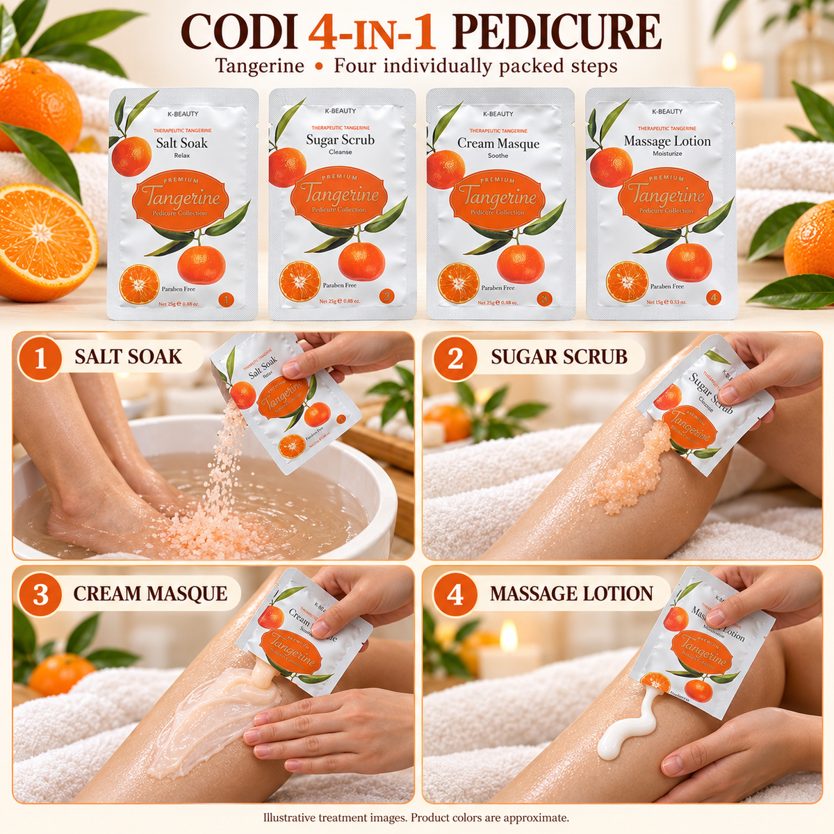CODI Tangerine four-step pedicure — illustrative sachets and salon treatment; colors approximate